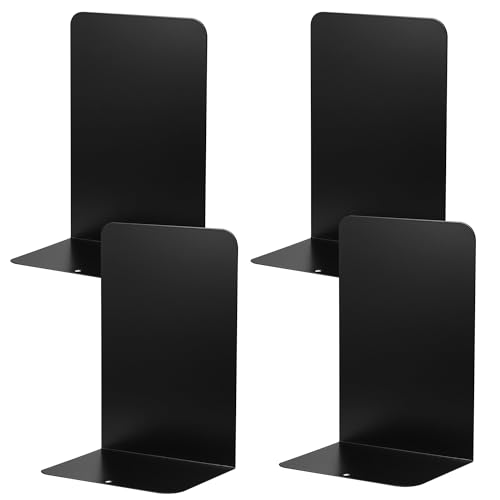 JIANTA Large Book Ends, Heavy Duty Metal Bookends, 2 Pairs/4 Pieces Book Stopper, Book Ends Support for Shelves, Black Non-Slip Bookshelf Holder Stand for Home Office Library School (8 x 5.3 x 4 in)