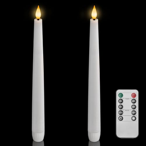 Homemory 2 Pcs Waxy Flameless Taper Candles with Remote, Led Flameless Candlesticks Classic Tall Candle, Flickering Battery Operated Taper Candles for Bedroom, Dining Room, White, 9.6 inches - style: Classic - White 9.6"