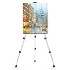Art Easel Stand for Painting or Sign, Portable Adjustable 66 inches Display Tripod Artist Floor Aluminum Metal Easel with 1 Bag for Table-top/Floor Drawing, Sturdy for Canvases Displaying - Silver - style: Silver