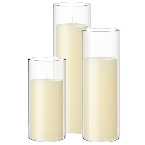 Shihanee Set of 3 Pillar Candles and 3 Glass Cylinder Candle Vases Holders Clear Pillar Jars for Wedding Centerpieces(3.4'' X 7", 9.8", 11.8",Ivory White) - color: Ivory White, size: 3.4'' X 7", 9.8", 11.8"