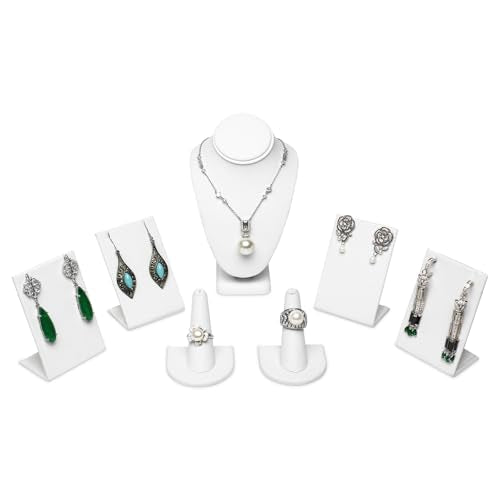 MOOCA Jewelry Display Set, Necklace Display Bust, Earring Organizer, Ring Holder Stand for Showcase and Store, Premium Fabric - color: 3) 7 piece. White Faux Leather