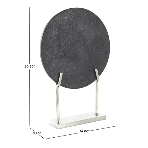 Deco 79 Marble Abstract Decorative Sculpture Textured Disk Home Decor Statue with Silver Stand, Accent Figurine 14" x 3" x 20", Black