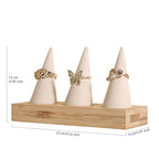GemeShou Beige wood ring storage organizer, Velvet Jewelry ring display holder, Cute ring display stand for selling, wedding ring holder at nightstand【Beige with three cone】 - size: Medium