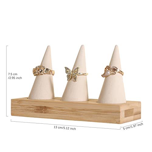 GemeShou Beige wood ring storage organizer, Velvet Jewelry ring display holder, Cute ring display stand for selling, wedding ring holder at nightstand【Beige with three cone】 - size: Medium
