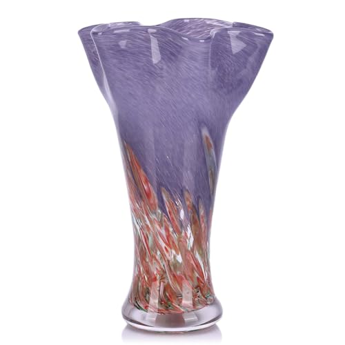 9.1H Murano Hand Blown Glass Vase, Ruffled Scalloped Rim Trumpet Shape, Wide Mouth Colorful Decorative Glass Vase, Sculptural Art Centerpiece for Living Room Table, Bathroom, Office Shelf (Red-Purple) - color: Red-purple