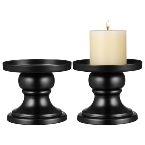 Luxshiny 2Pcs Black Pillar Candle Holders Metal Pillar Candle Stands Decorative Candlestick Holders for Fireplace Table Centerpiece Home Wedding Party Decor, 3.14 X 2.75 X 2.55 Inch