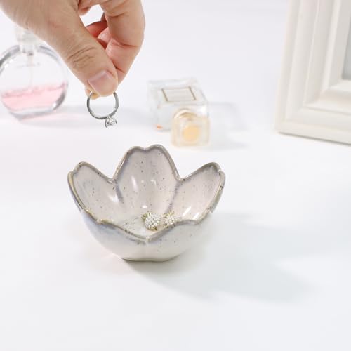 Flower Ring Dish Holder,Jewelry Dish Tray,Small Trinket Tray,Jewelry Plate Bowl,Key Bowl,Decorative Plate,Mothers day Birthday Gifts for Women Friends,Ceramic Kiln effect Grey - color: Kiln effect Grey