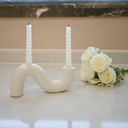 Ceramic Candle Holder, Modern Taper Candlestick Holder for Dining Table, Living Room Coffee Table, Candelabra for 2 Taper Candles-White - color: White