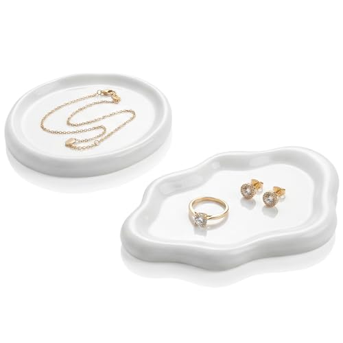 Patelai Ceramic Jewelry Tray Set of 2, Trinket Dish Decorative Cloud Vanity Key Tray for Ring Holder Cute Jewelry Plate Bowl Birthday Gifts for Mom Women Aesthetic Room Decor, White