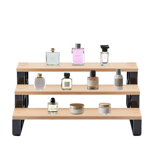 Modern 3-Tier Cologne and Perfume Display Shelf, Gray Wood with Black Frame, Countertop Organizer Stand for Fragrance Storage (Brown, 3 Tiers-Width=14") - color: Brown, size: 3 Tiers-width=14"
