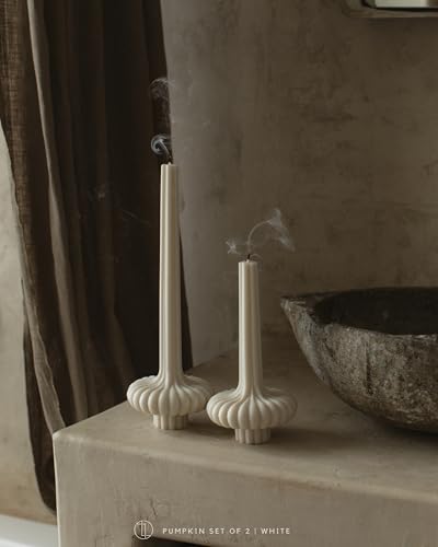 LAWA Set of 2 Pumpkin Base Candle - Beautiful Handmade Pillar Unscented Soy Wax Elegant Aesthetic Vase Candle Housewarming Gift Home Room Shelf Decor Idea White - color: White