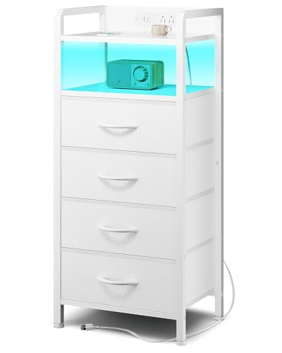 Lazzanto Night Stand Bedside Charger Bedroom - Nightstand with Charging Station, 2 U-S-B Ports & 2 AC Outlets, Tall Bed Side Table with LED Light Strip, Storage Shelf & 4 Fabric Drawers, White - color: White, size: 4 Drawers