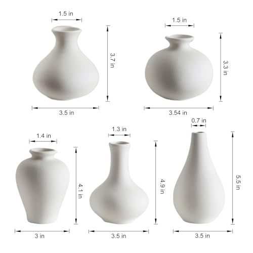 White Ceramic Bud Vase Set of 5, Mini Vases for Flowers, Decorative Small Vases for Home Decor, Boho Wedding Centerpieces, Living Room, Dining Table & Shelf Decor - color: E-small White Vase Set of 5