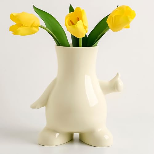 8 Inch Glossy Cute Ceramic Tulip Flower Vase for Building Block Flowers Bouquet, Beige Funky Living Room Flower Vase Decor, Unique Gifts for Men and Women, Jarrones Blancos para Flores