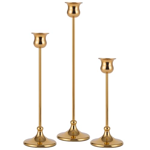 Taper Candle Holder Tall Vintage Metal Candlestick Holders Candle Stick Candelabra for Halloween Thanksgiving Christmas Holiday Wedding (Gold, 1 Set (3 pcs)) - color: Gold, size: 1 set (3 pcs)