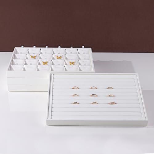 White PU Leather Jewelry Display Tray for Long Chain Pendant Necklace Organizer Display Showcase Jewelry Storage Tray - size: 18 Slot