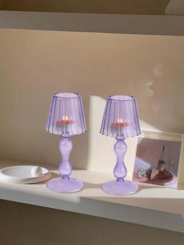 Gurfuy Desk Lamp Shaped Glass Candle Holder - Glass Hurricane Candleholder Crystal Decorative Candle Stand for Table Wedding Dinning Centerpieces Party Supplies Decor Purple - color: Purple