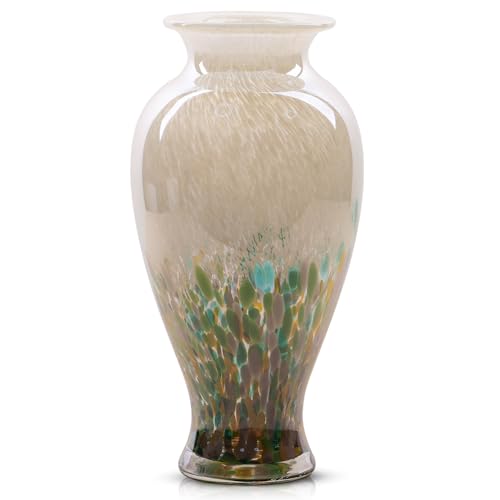 11.8" Tall Green Glass Vase Beautiful Hand Blown Glass Vase Modern Art Home Decor, Wide Mouth Colorful Vases for Mantle Dining Table Centerpiece, Entryway Living Room Wedding Decoration - color: Green