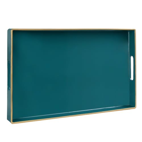 MAONAME Teal Serving Tray with Handles, Modern Decorative Tray for Coffee Table, Plastic Rectangular Trays for Ottoman, Bathroom, Decor, 15.8” x 10.2” x 1.4" - color: Teal, size: 15.8" x 10.2" x 1.4"