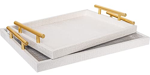 Modern Elegant Large Wood Serving Tray, Set of 2 Pearl White Crocodile Leather with Gold Polished Metal Handles, Home Decorative Rectangle Ottoman Platter Living Room Bathroom Vanity Tray - color: White