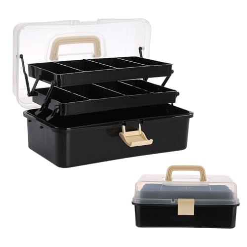 BTSKY 3-Layer Plastic Dividing Storage Box Craft Organizer with Adjustable Spacers Portable Handled Art Supply Organizer Multipurpose Home Utility Box for Sewing (Black+Beige) - color: Black+Beige