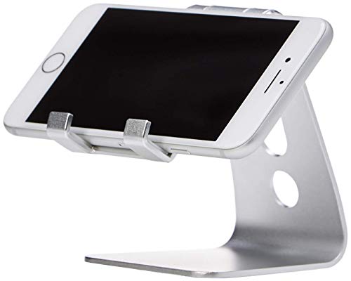 Amazon Basics Adjustable Aluminum Phone Stand for Cell Phones, iPhone and Android, Desktop Phone Holder with Adjustable Angle, Hands-Free Viewing, 3.15 x 2.87 x 3.74 inch, Silver