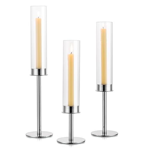 Hurricane Taper Candle Holders: Silver Glass Candlestick Holder Tall Candle Sticks Holder Decor with Glass Cover for Wedding Table Centerpiece Party Birthday Christmas Home Mantel Set of 3 - color: Silver, size: 1 Set(3 Pcs)