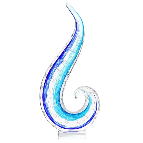 Luxury Lane Hand Blown Ocean Wave Sommerso Art Glass Sculpture for Home Decor 16 inch Tall Centerpiece Table Decoration - size: 16"