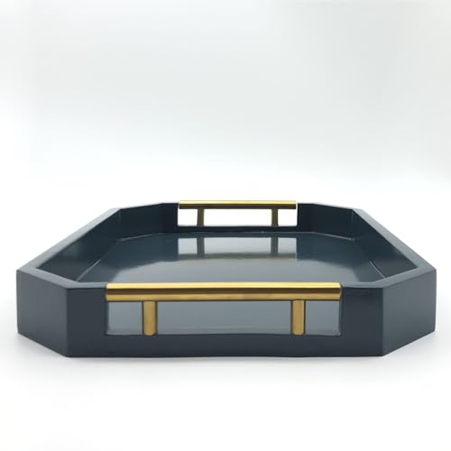 Serving Tray with Polished Metal Handles, Hexagon Coffee Table Tray, Modern Rectangle Decorative Tray, Large Ottoman Tray, Perfect for Storage and Display (Blue Rectangle) - color: Blue Rectangle