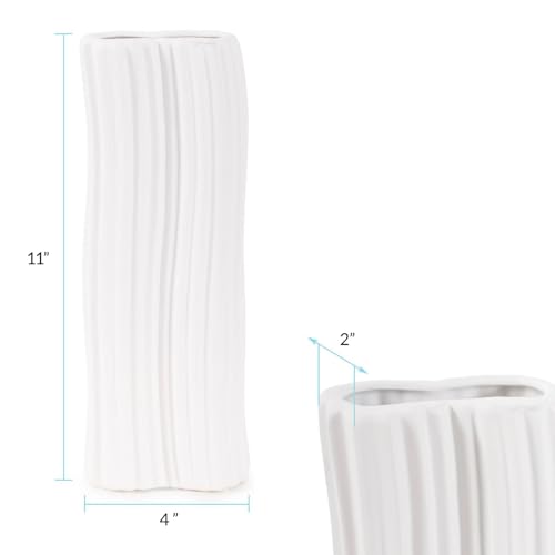 Howard Elliott Collection White Hirst Ceramic Vase for Flowers with Ripple Texture, Abstract Design Decorative Flower Vase for Weddings and Floral Arrangements, Medium, 4 x 4 x 11 Inch - size: 11"L x 4"W