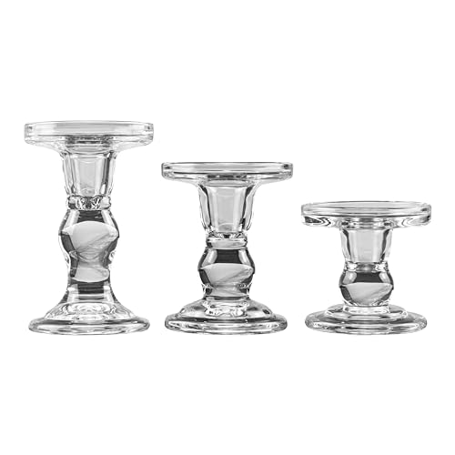 YAKii Clear Glass Candle Holder Set - Elegant Crystal Candlestick Holders for Pillar Taper Candles and Tea Lights - Perfect for Home Decor, Wedding, Christmas and Party - Set of 3