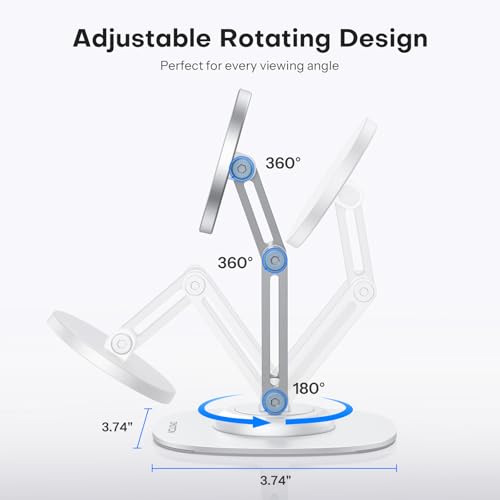 OMOTON 360°Rotating Magnetic Phone Stand for Desk, Adjustable Foldable Aluminum for MagSafe Cell Phone Stand Holder with Non-Slip Base, for iPhone 17/16/15/14 Pro Max Air/MagSafe Case, White - color: White