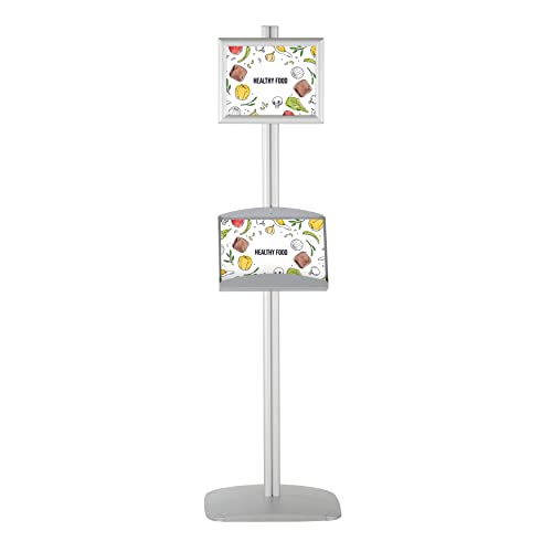 M&T Displays Free Standing Aluminum Display Stand Single Sided Document Brochure Sign Holder Front Loading Portrait Landscape Silver Snap Frame 1x(8.5x11) - Metal Tray Shelf 2X(5.5x8.5) Inch Capacity