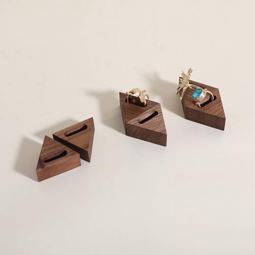 GemeShou 6pcs Wood Jewelry Ring Storage organizers, Retail ring display slot stand, Small walnut Jewelry ring holder tray for Girl Woman Room Decoration【Walnut-Triangle 6pcs】 - style: Triangle