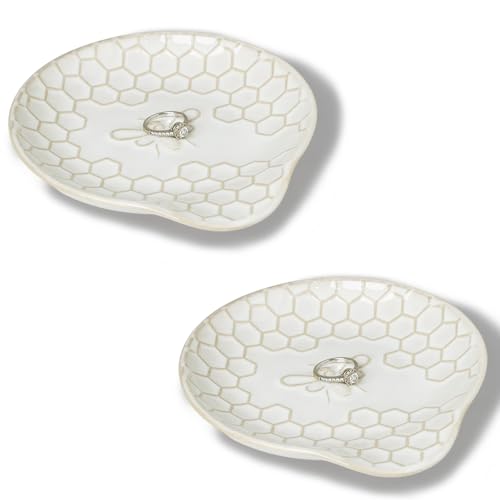 GDCZ Ceramic Jewelry Tray Set of 2, Personalized Trinket Dish with Pattern, Ring Dish, for Rings Earrings Necklaces Bracelet Watch Keys, Perfect for Gifts for Women (White) - color: White