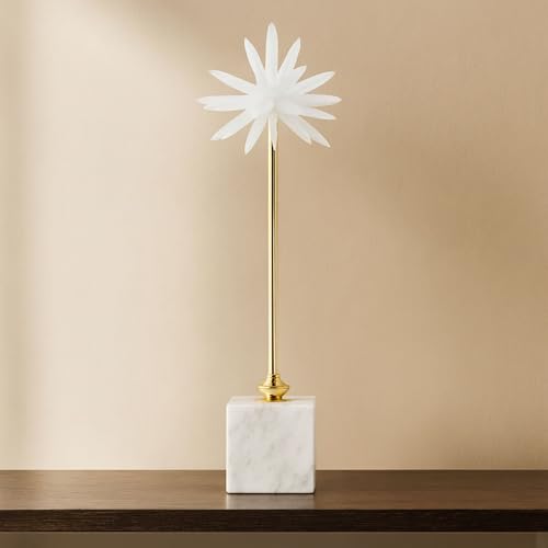 Mystique Large Starburst Statuary – Modern Decorative Object with Marble Base, Metal Stem and Sculptural Flower Top – Contemporary Home Decor Accent for Shelves Tables and Desks, 20", Gold & White - size: 20"