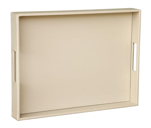 HofferRuffer Rectangle Serving Tray with Hole Handles for Coffee Table, Breakfast, Tea, Food, Butler - Countertop, Kitchen, Vanity Serve Tray, 16.2 x 12.2 x 2 inches, Faux Leather (Dark CreamWhite) - color: Dark Creamwhite, size: 16.2" x 12.2" x 2"