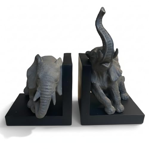 Comfy Hour 12" Gray and Black Elephant Figurine Style Bookends, Rustic Antique Vintage Elephant Statue Home Decor, Heavy Duty Animal Book Stoppers Duo, 1 Pair