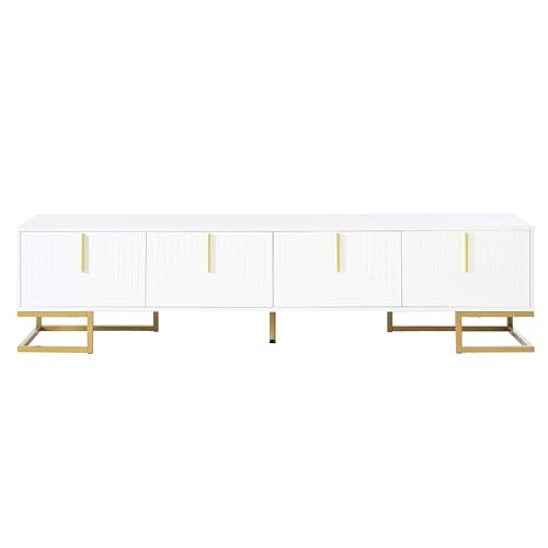 ON-TREND Modern TV Stand with Metal Legs and Gold Handles for TVs Up to 80'', Media Console Table with Cabinets and Adjustable Shelves, Luxury TV Cabinet with Geometric Lines for Living Room, White - color: White+gold1