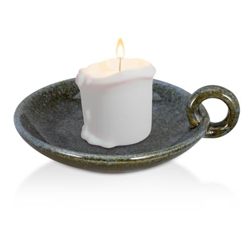 Veemoon Vintage Ceramic Candle Holder Pottery Pillar Candle Tray with Handle Small Aromatherapy Dish Meditation Candlestick Plate Bohemian Table Bowl for Home Spa and Dining Table Centerpiece Decor