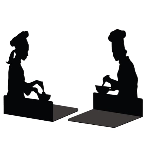 Peacoblue Metal Bookends Stopper Holder Stand for Shelves, 5.3"x4.3"x7.5" Heavy Duty Decorative Creative Study Chef Kitchen Bookends to Hold Books for Small, Large Books, Cook Books, 1 Pair (Chefs) - color: Male and Female Chefs