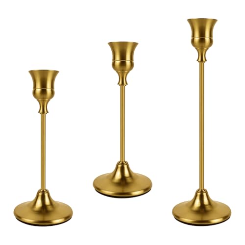 Brass Gold Candlestick Holders Set of 3, Metal Taper Candle Holders, Classic Decorative Candle Stick for Christmas, Wedding, Party, Dinner Tables,Home Décor - color: Brass Gold, size: 3PC