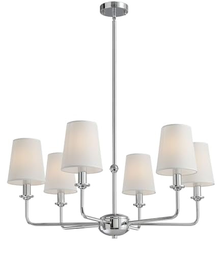 Modern 6 Light Chrome Chandelier with White Fabric Shades Elegant Ceiling Light,Farmhouse & Industrial Pendant Chandelier for Dining Room Living Room Bedroom,E12 Base - color: Chrome