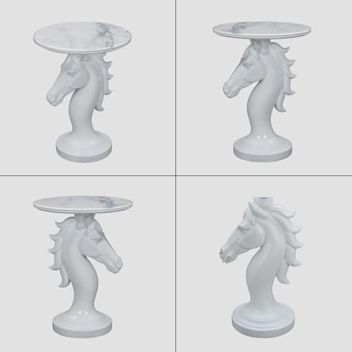 Modern Horse Statue Side Table - Round Faux Marble Top Accent Pedestal with Sculpture Base for Entryway & Living Room, White - color: White Horse