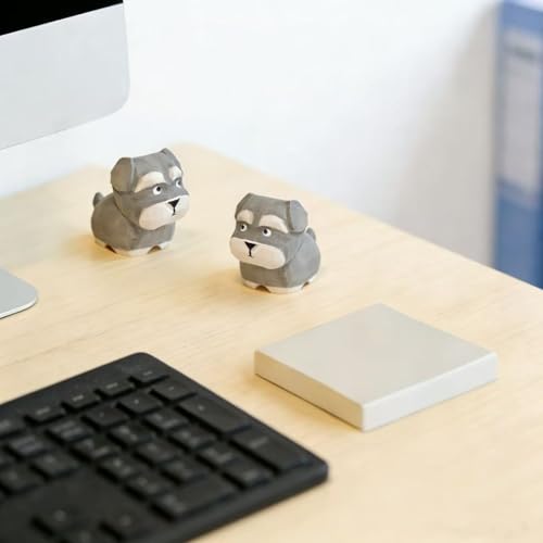 Hand-Carved Wooden Salt and Pepper Schnauzer Figurine – Mini Cute Dog Statue with Round Wooden Base for Desk & Home Decor, Car Dashboard Decoration, Unique Handmade Gift for Dog Lovers - color: Salt and Pepper Schnauzer