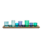 Creative Co-Op Wood Tray with 9 Blue & Green Glass Votive Holders - color: Blues