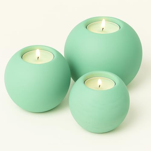 Concrete Sphere Tea Light Holder - Minimalist Centerpiece - Candle Holder - Modern Interior Design (Mint, Set of 3 Sizes) - color: Mint, size: Set of 3 Sizes