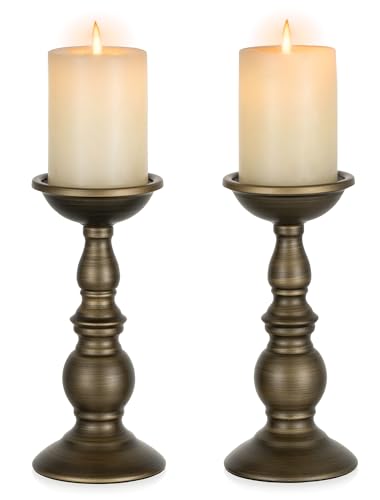 Bronze 2 Pcs Iron Pillar Candle Holders, Most Ideal for 3" Pillar Candles, Gifts for Wedding, Party, Home, Spa, Reiki, Votive Candle (2 x L) - color: Bronze, size: L + L
