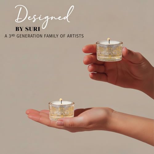 SURI Jerusalem Design Glass Shabbat Tea Light Candle Holder Set of 2 – Modern Judaica Home Décor - color: Gold (Jerusalem), size: Short