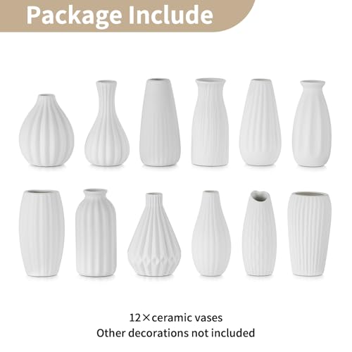 White Ceramic Vase for Table Decor: NUPTIO Small Bud Vases for Flowers - Set of 12 Centerpiece Table Decorations for Wedding Dining Room Christmas Home